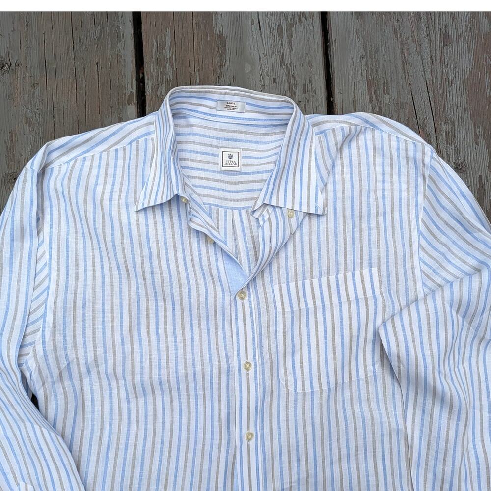 Peter Millar Mens Large 100% Linen Button Down Shirt Blue Resort Old Money - Picture 5 of 9